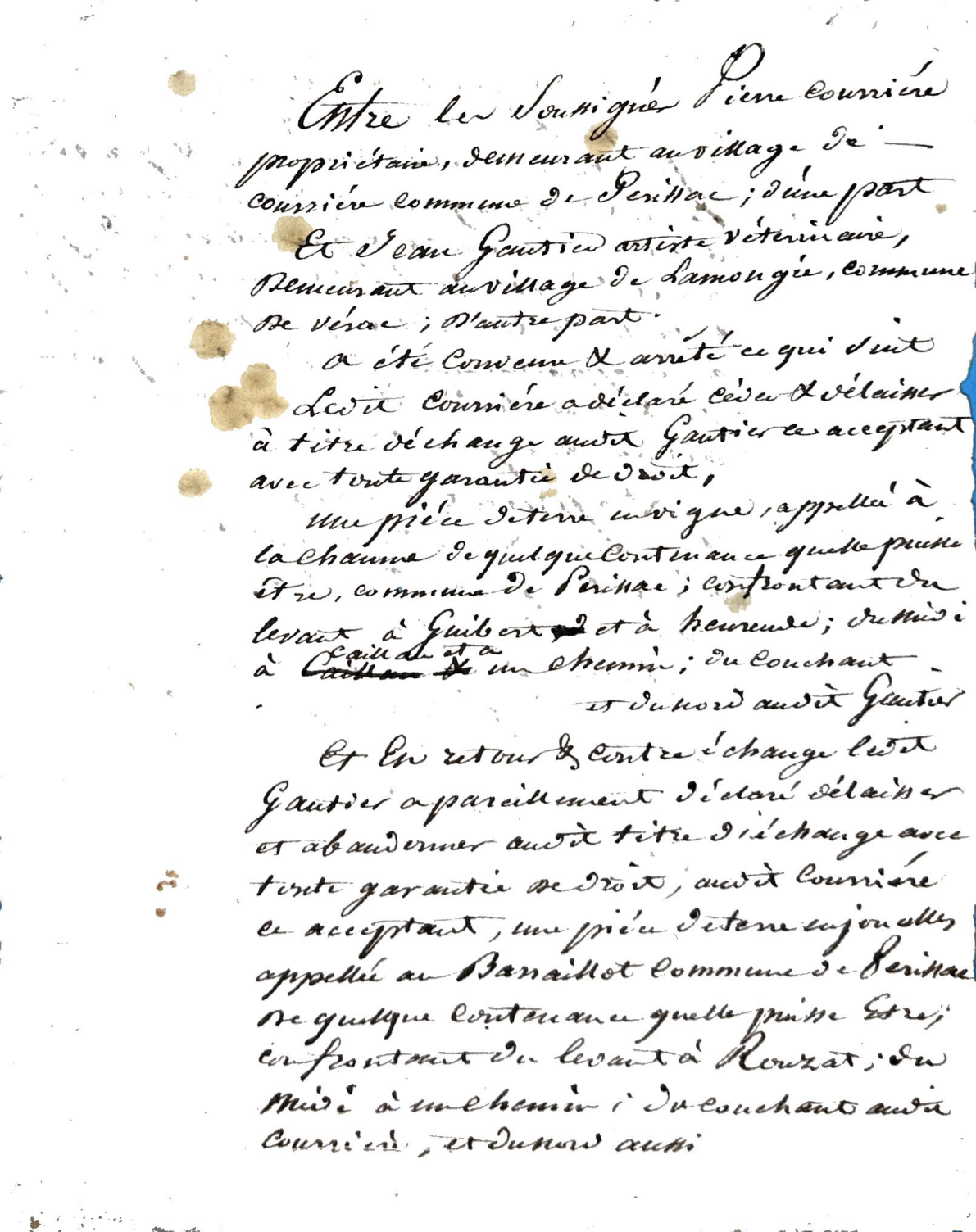 Act of Land Exchange between Pierre Courrière and Jean Gautier