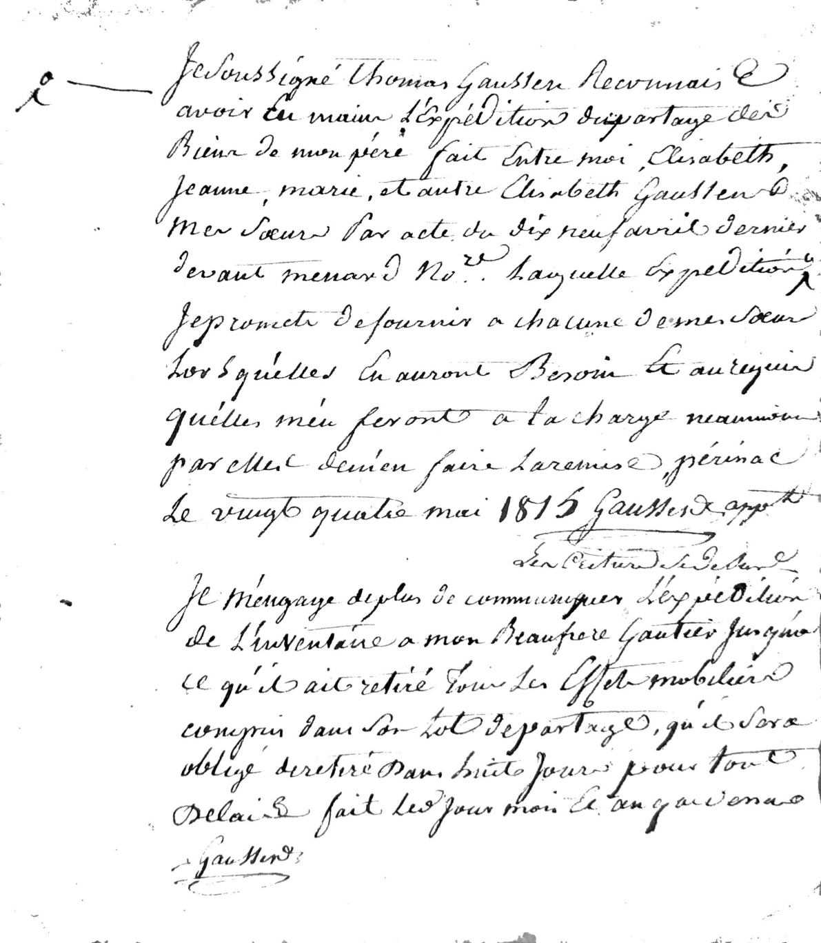 Acknowledgement of Estate Document Possession by Thomas Gausten (1815)