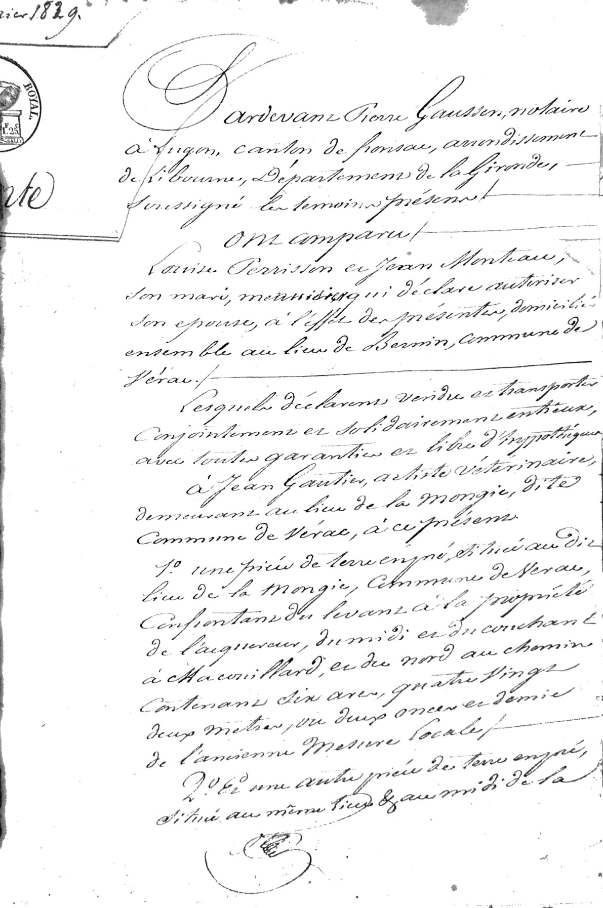 1829 Notarial Deed of Land Sale: Montau to Gautier - Page 2
