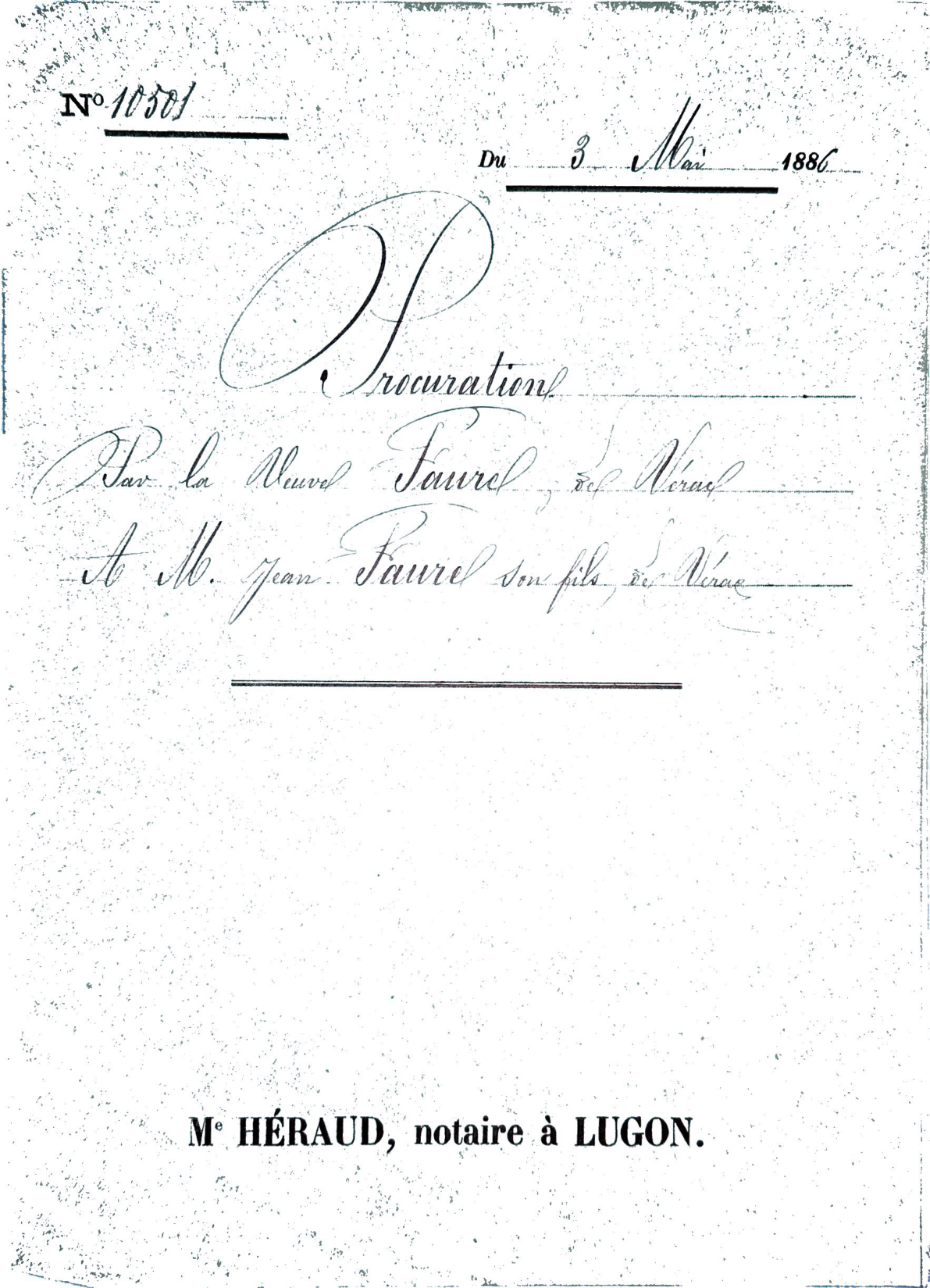 1886 Power of Attorney: Widow Faure to Jean Faure