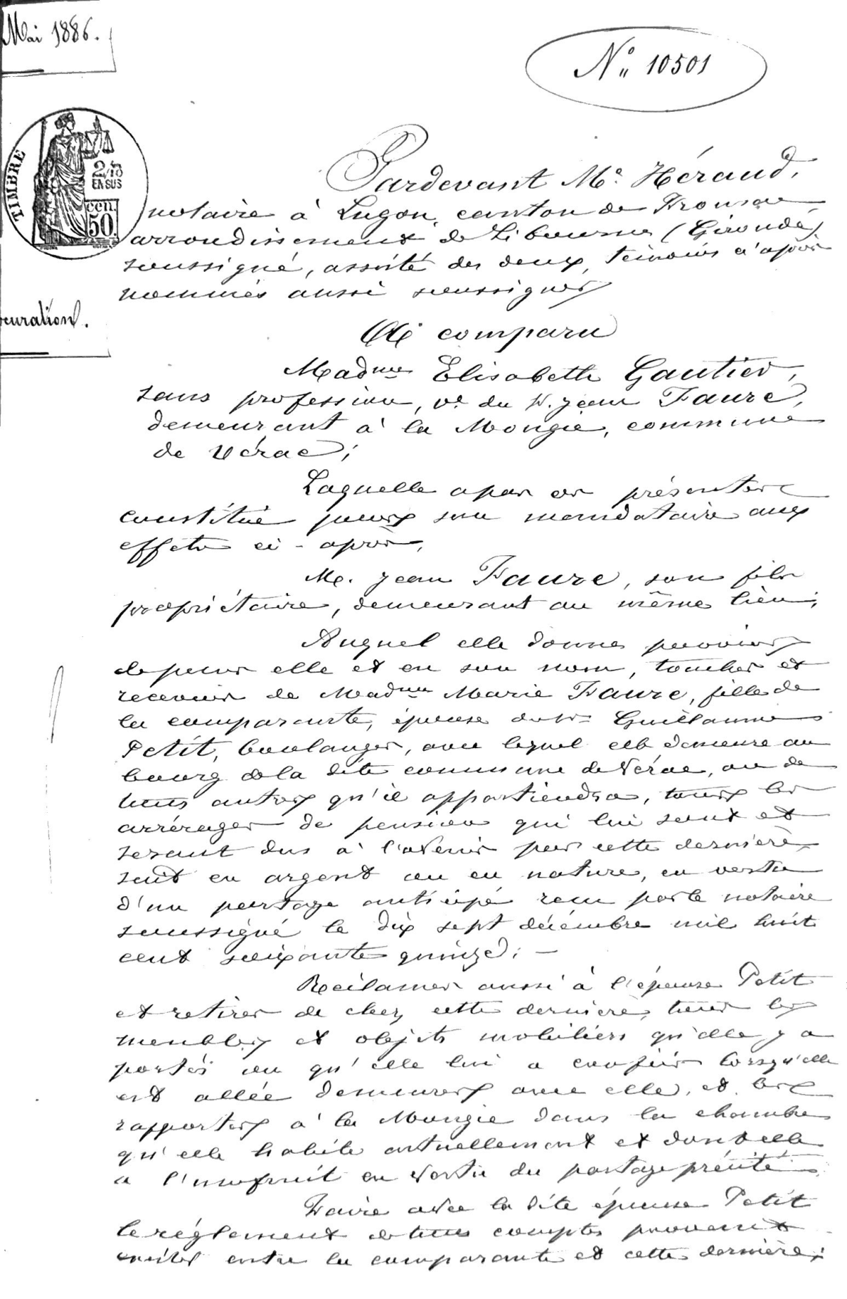 1886 Power of Attorney: Widow Faure to Jean Faure - Page 2