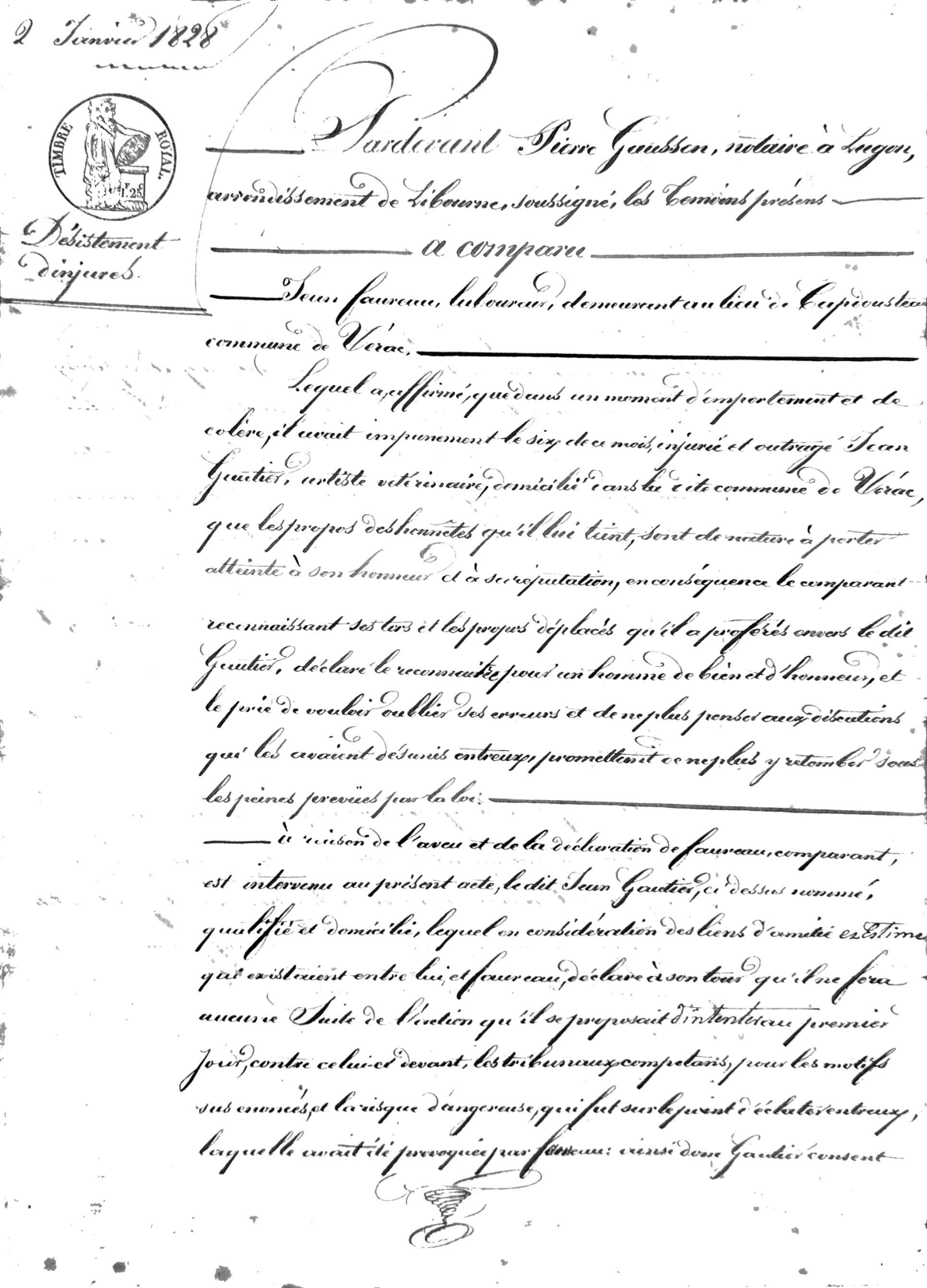 **1828 Notarial Settlement for Insults and Property Dispute: Faureau vs. Gautier**