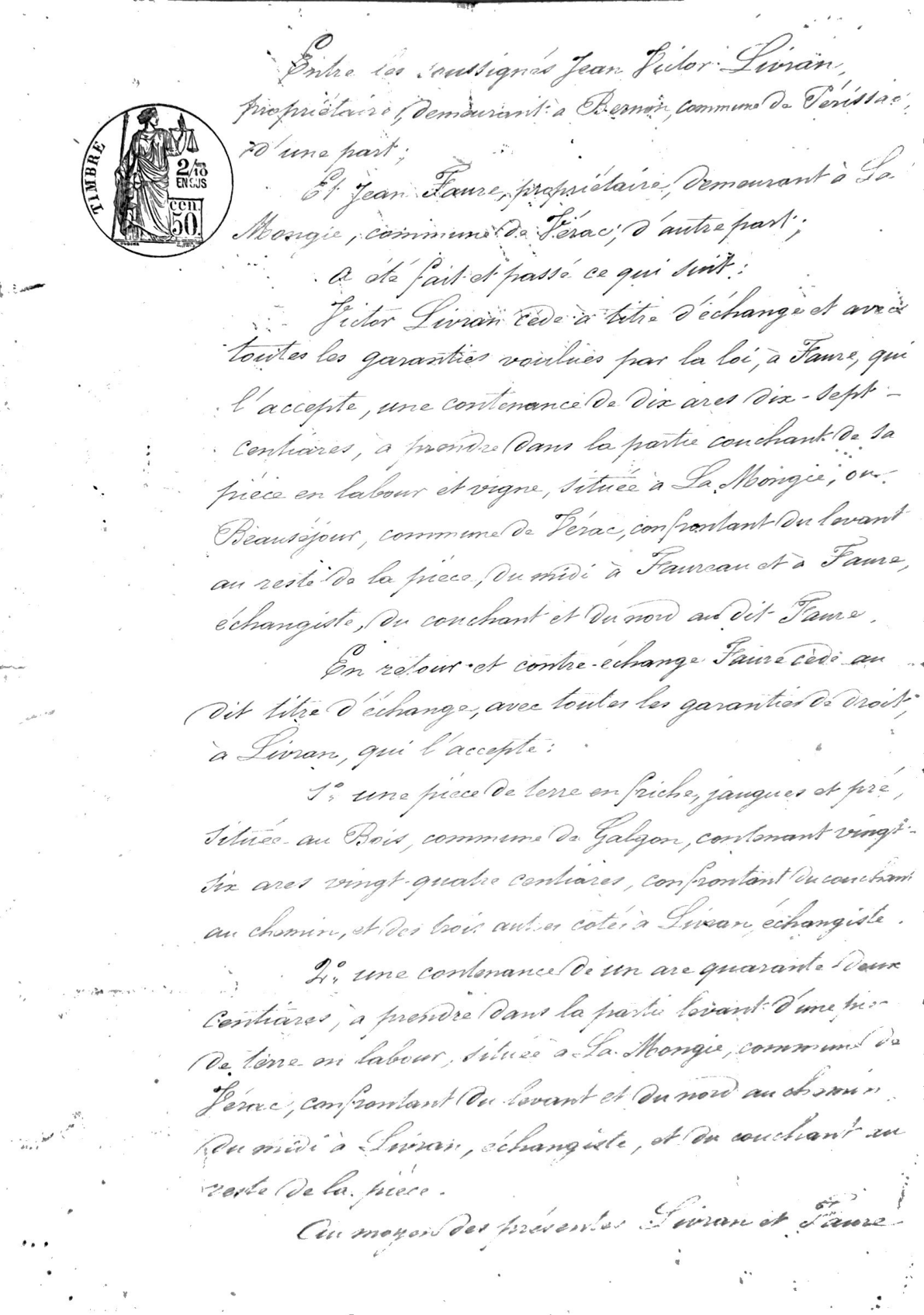 Land Exchange Deed between Jean Victor Livran and Jean Faure (1876)