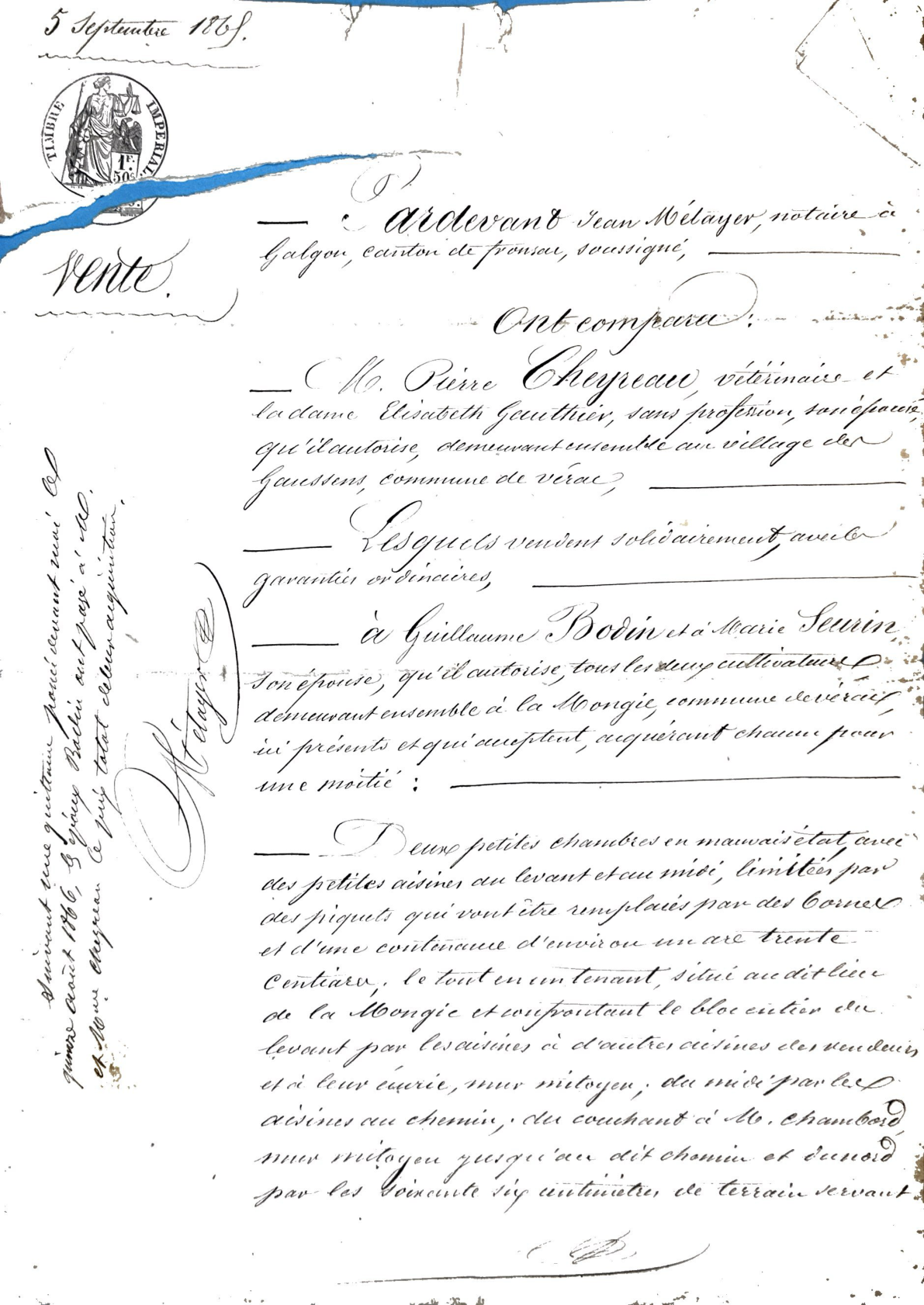 1865 Property Sale Deed: Cheyreau to Bodin in Vérac