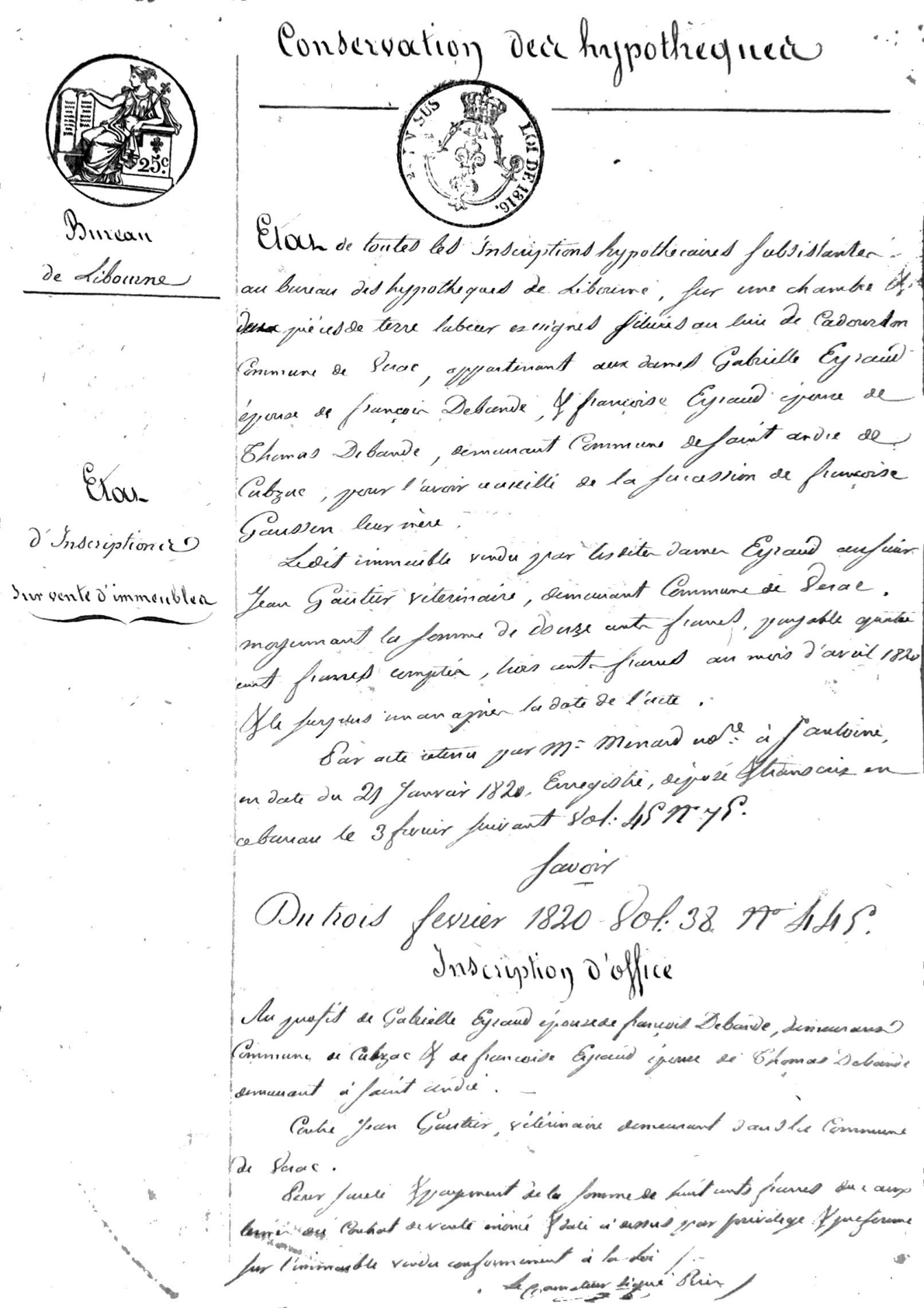 Statement of Mortgage Registrations, Libourne Bureau, February 1820