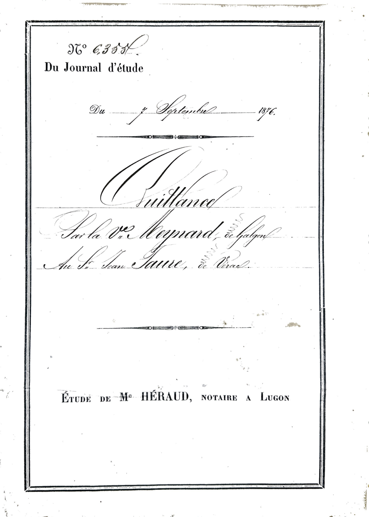 Notarial Receipt: Widow Meynard to Jean Faure (1876)