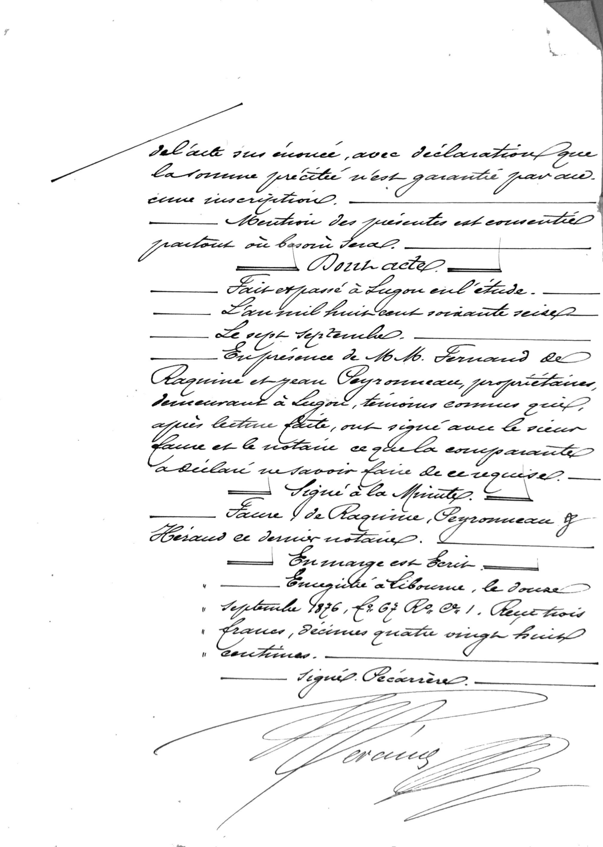 Notarial Receipt: Widow Meynard to Jean Faure (1876) - Page 4