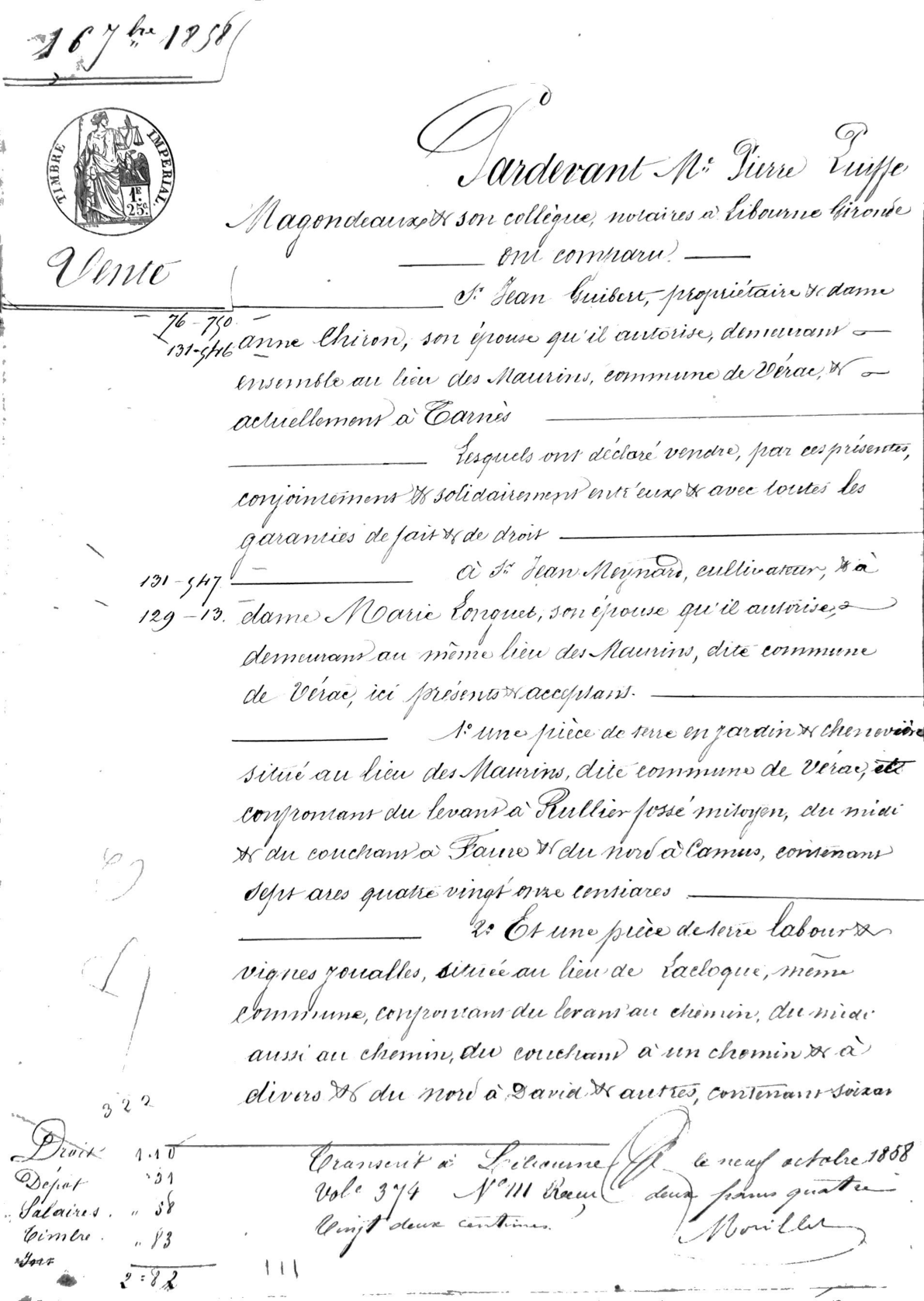 1858 Notarial Deed of Sale: Guibert to Meynard (Vérac, France) - Page 7