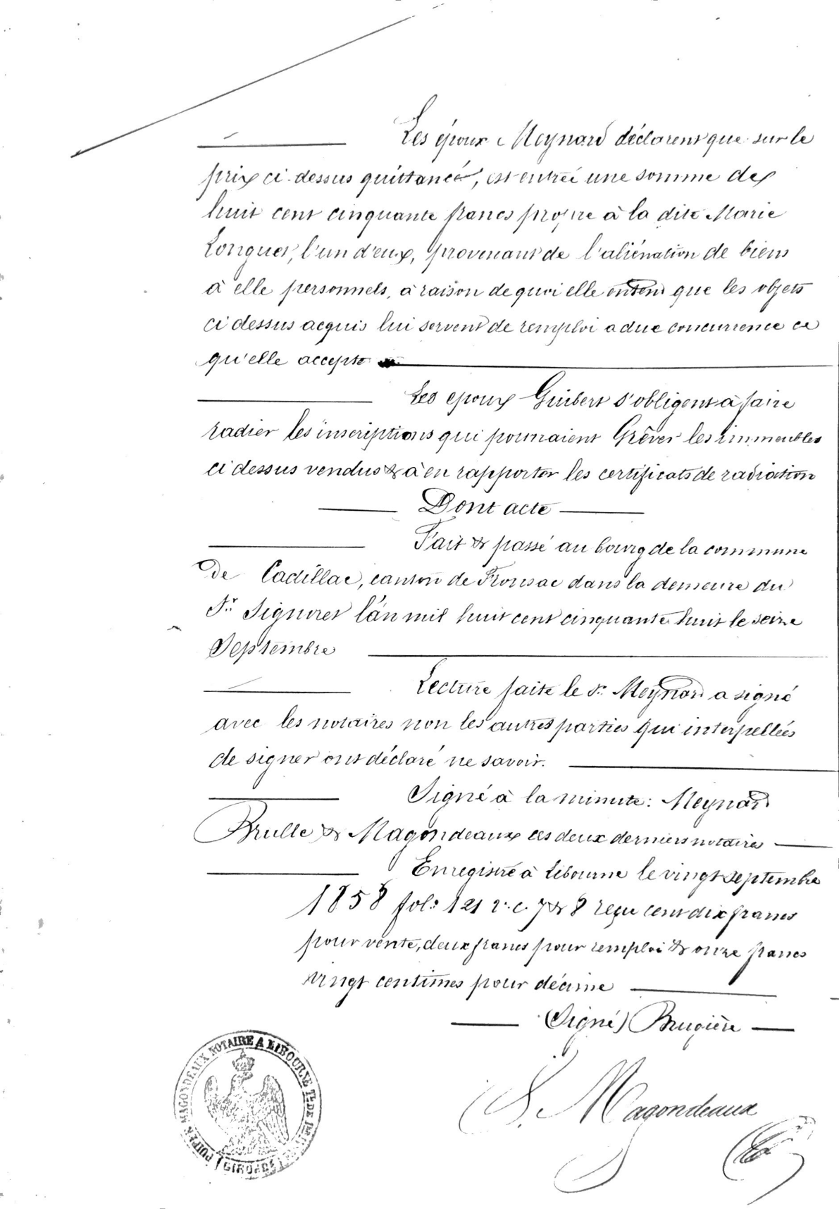 1858 Notarial Deed of Sale: Guibert to Meynard (Vérac, France) - Page 9