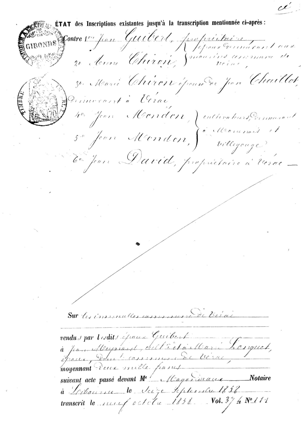 1858 Notarial Deed of Sale: Guibert to Meynard (Vérac, France) - Page 10