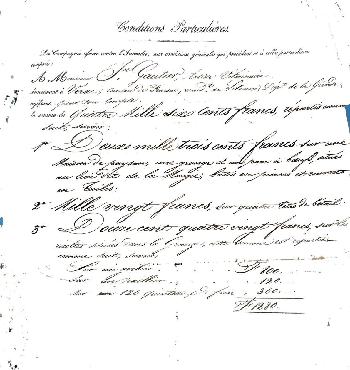 **1829 Fire Insurance Policy for Veterinary Artist S. Gautier (Gironde)**