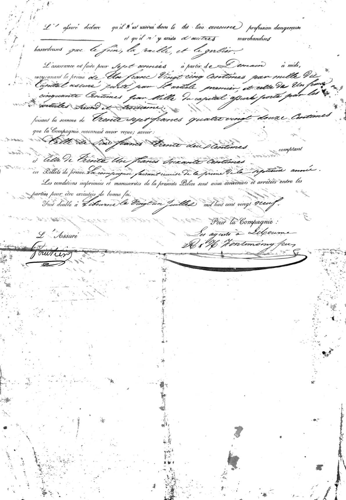 **1829 Fire Insurance Policy for Veterinary Artist S. Gautier (Gironde)** - Page 2