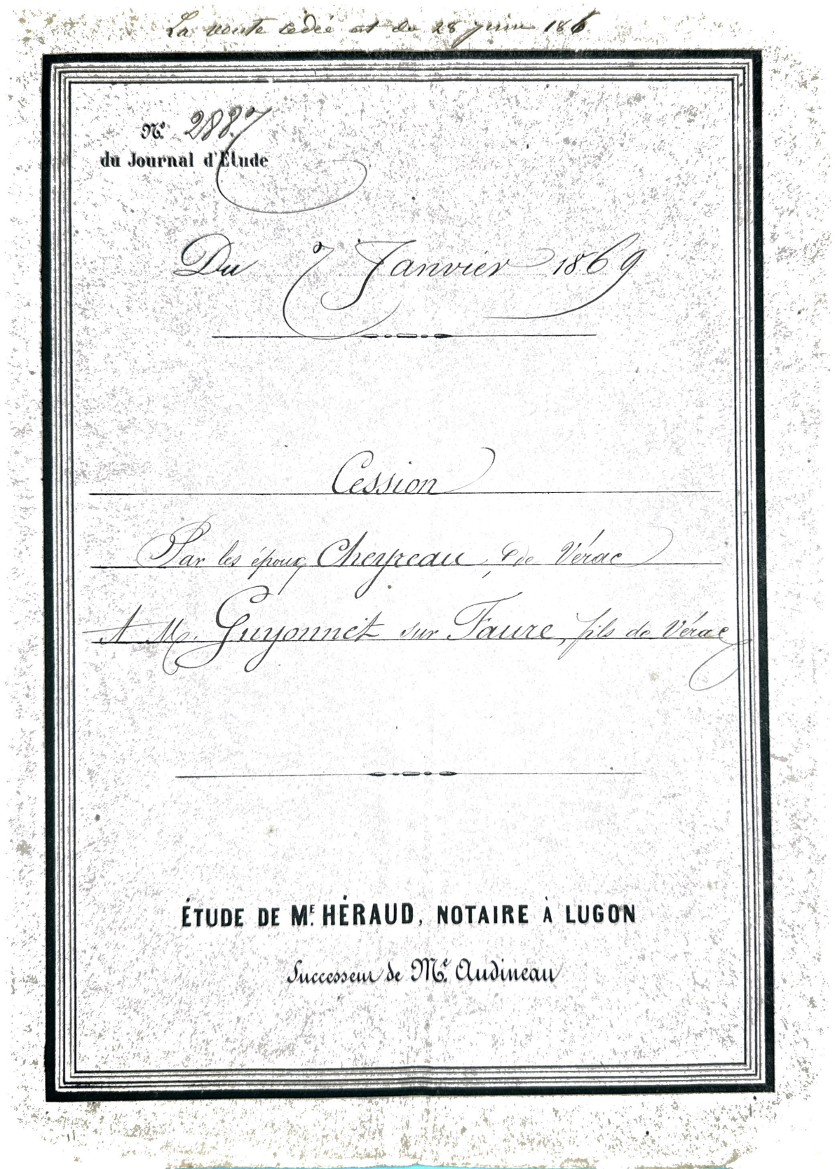 1869 Assignment of Debt and Mortgage Subrogation: Cheyreau to Guyonnet
