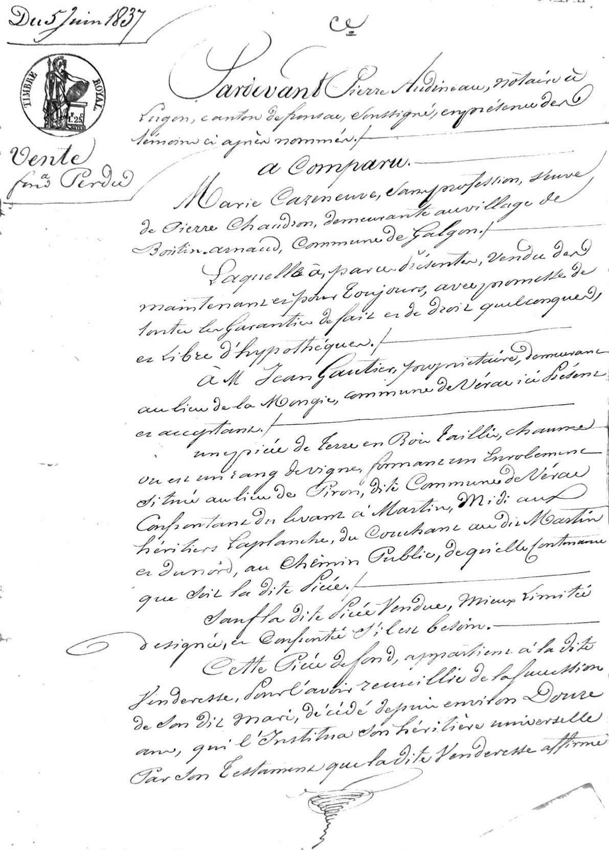 **Act of Sale for Life Annuity: Widow Chaudron to Jean Gautier (1837)** - Page 2