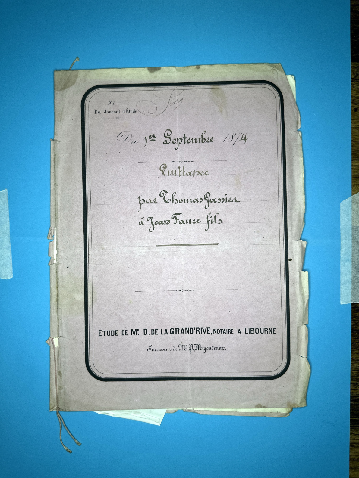 Notarial Receipt and Mortgage Release: Thomas Gassies to Jean Faure (1874)