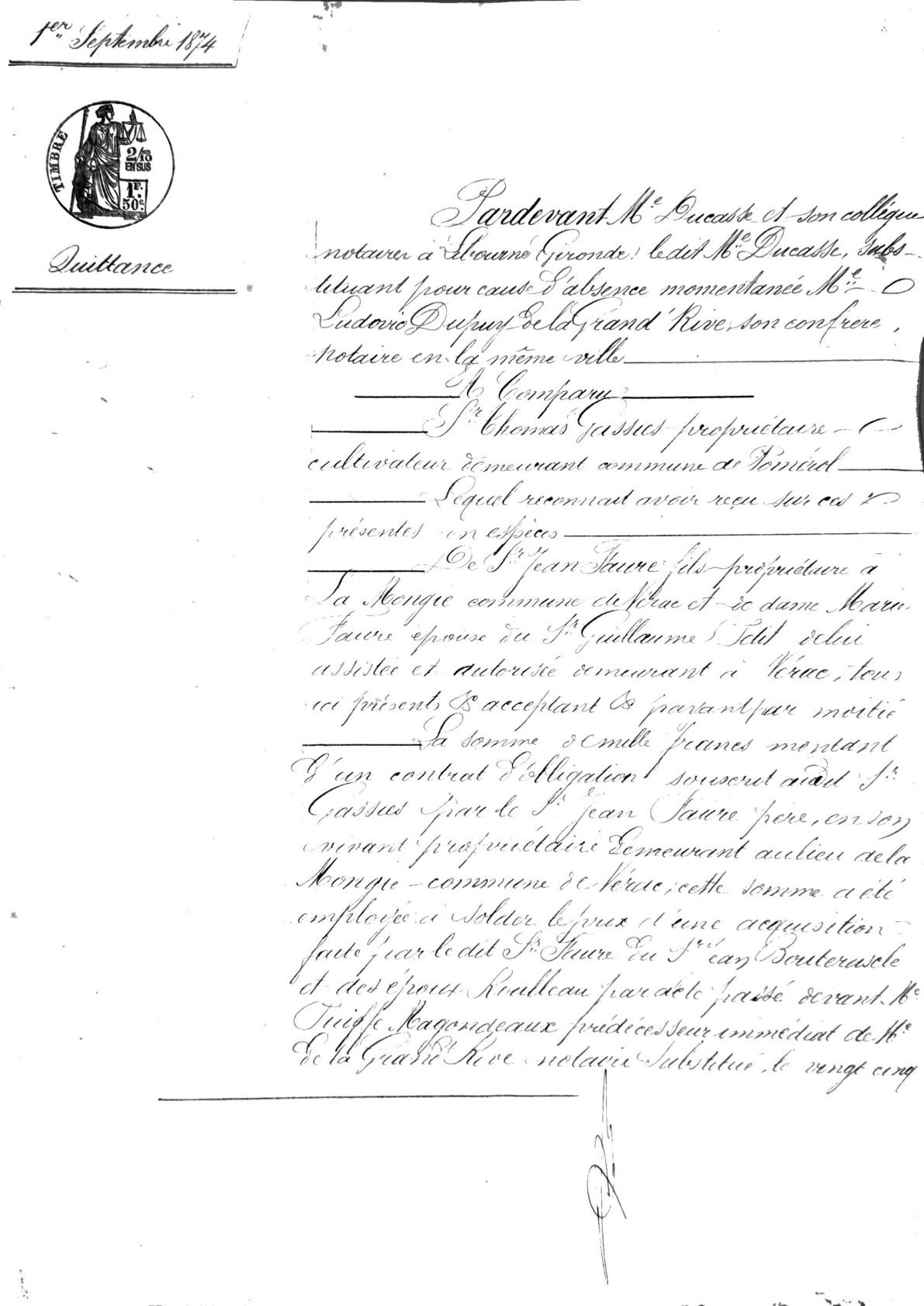 Notarial Receipt and Mortgage Release: Thomas Gassies to Jean Faure (1874) - Page 2