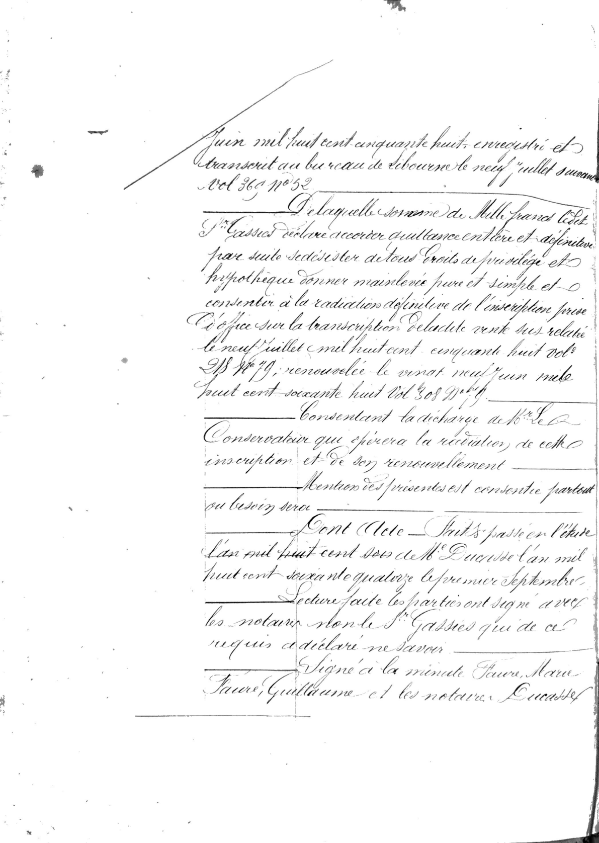 Notarial Receipt and Mortgage Release: Thomas Gassies to Jean Faure (1874) - Page 3