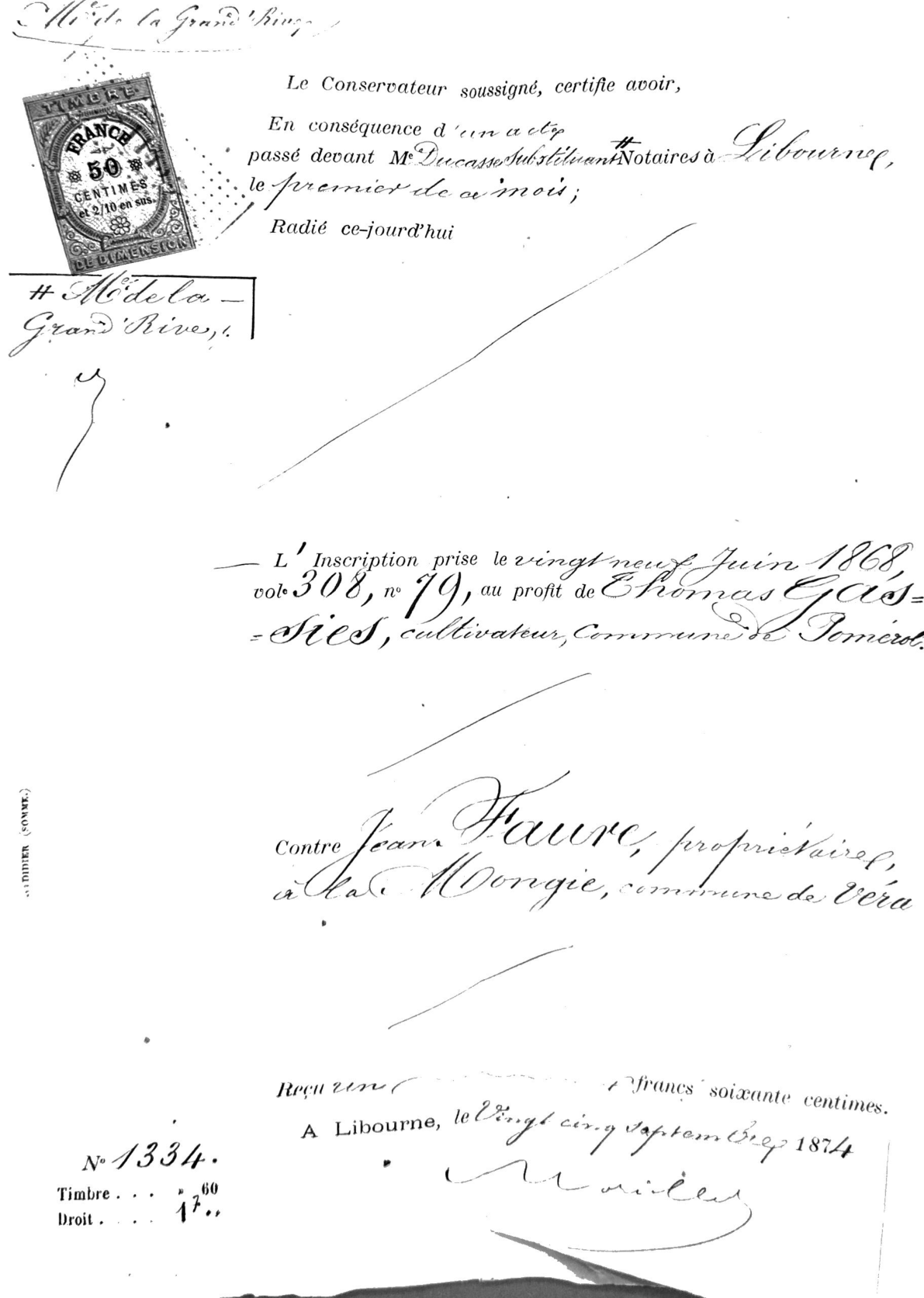 Notarial Receipt and Mortgage Release: Thomas Gassies to Jean Faure (1874) - Page 5