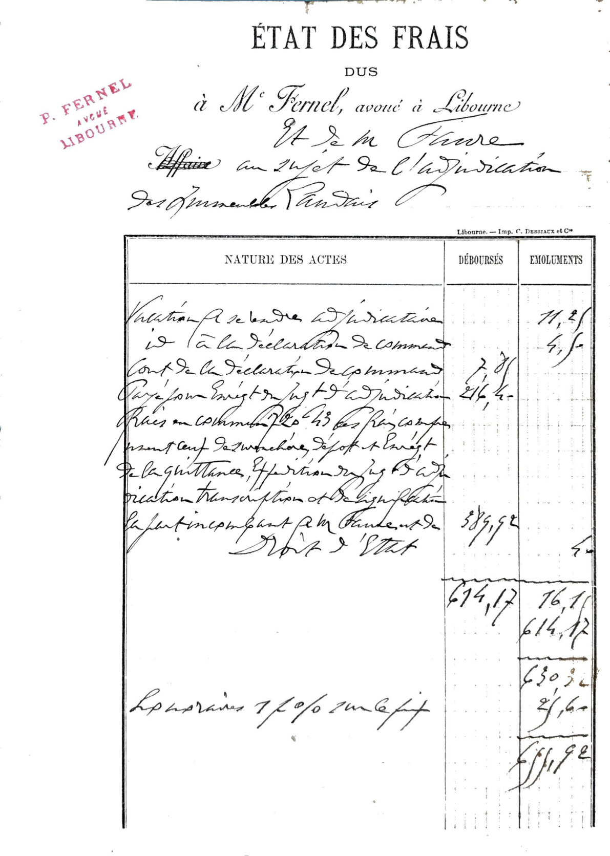 Statement of Legal Fees for Property Adjudication in Libourne