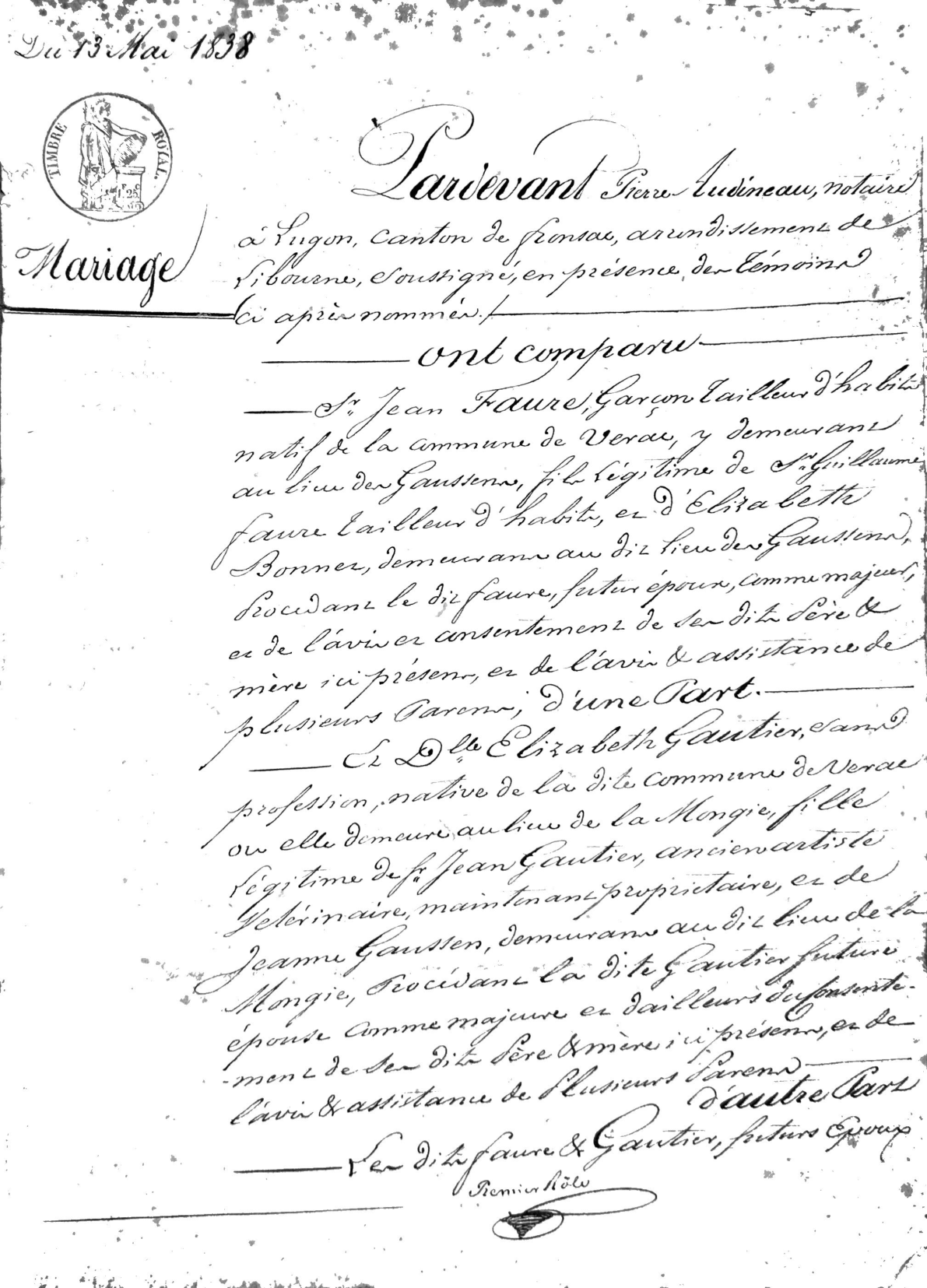 Marriage Contract between Jean Faure and Elizabeth Gautier (1838)