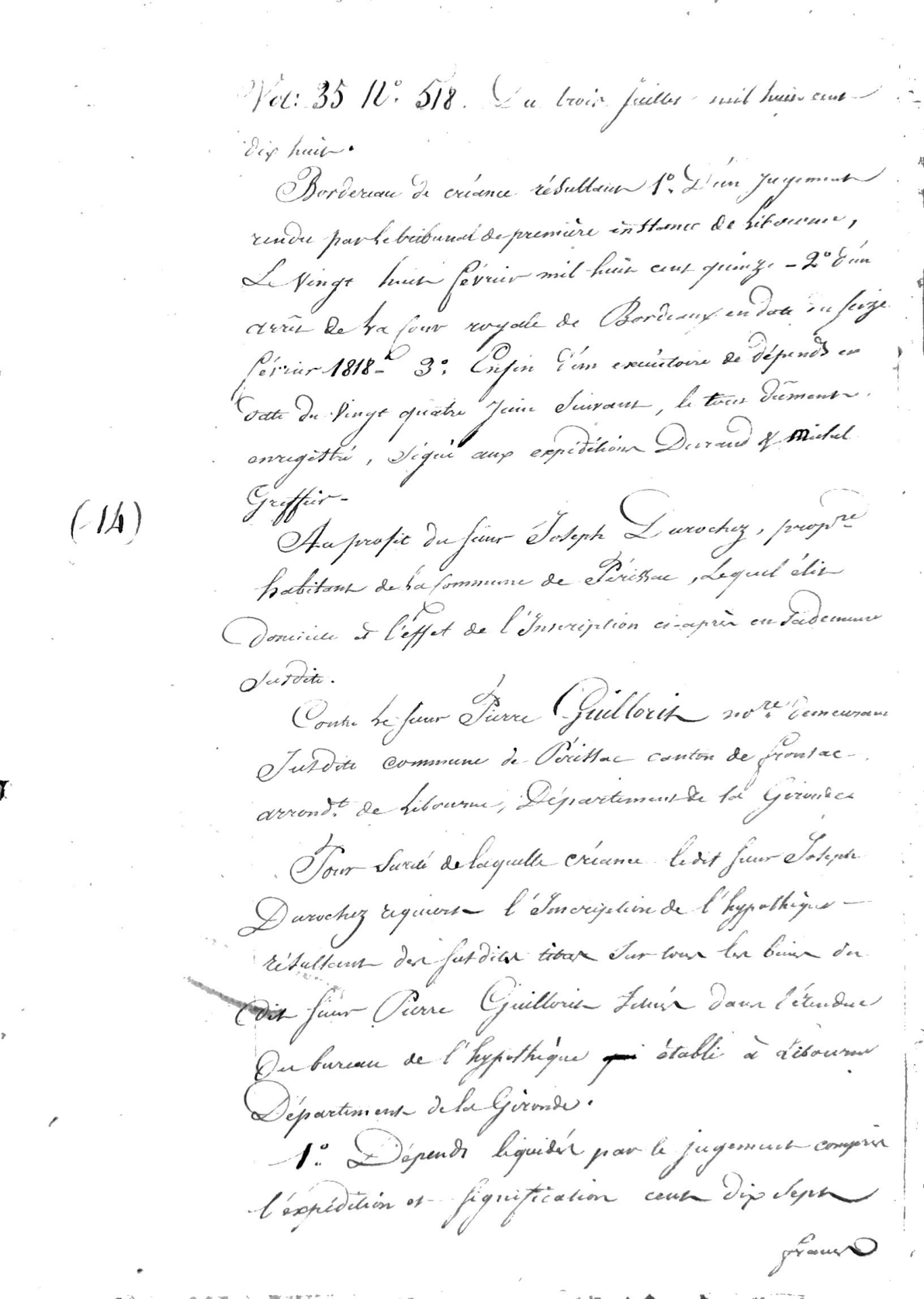 Certified Statement of Mortgages, Libourne (Guillorit Family), 1818 - Page 18