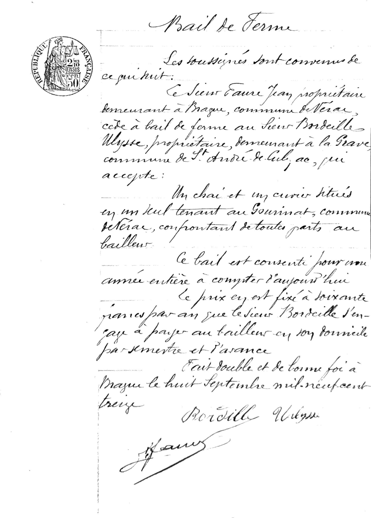 1913 Farm Lease Agreement: Faure and Bordeille (Vérac)