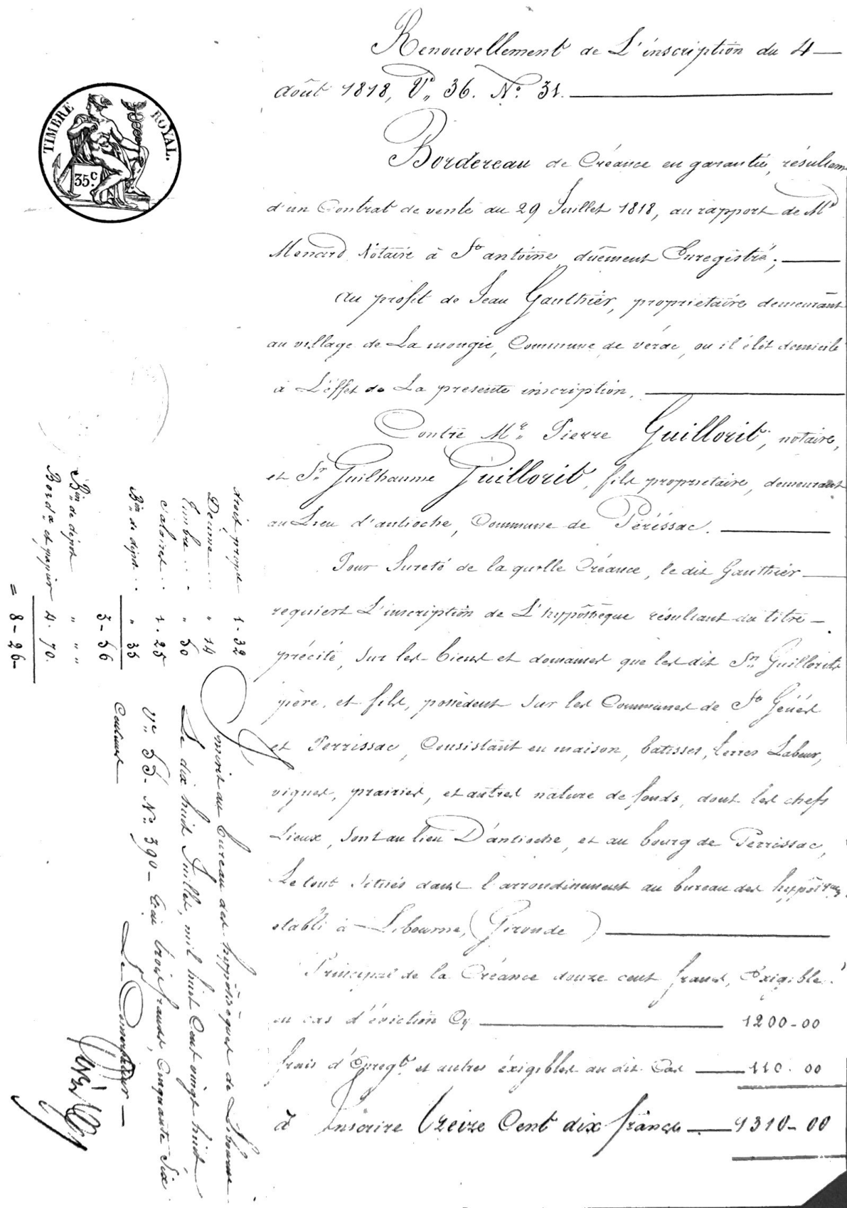 Act of Sale and Mortgage Registration (1818): Guillorit to Gautier - Page 12