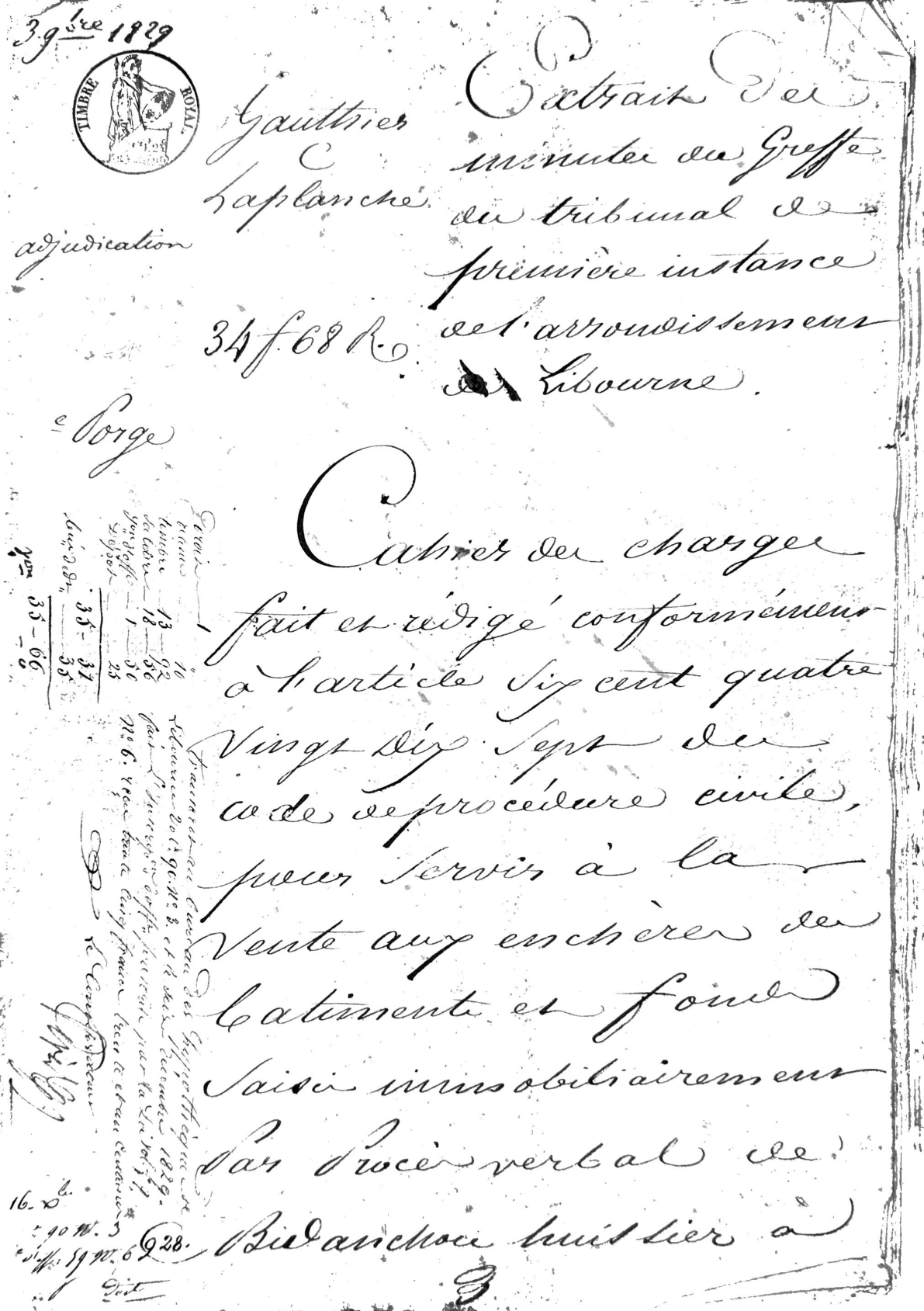 Cahier des Charges: Judicial Auction of Property in Libourne (1829)