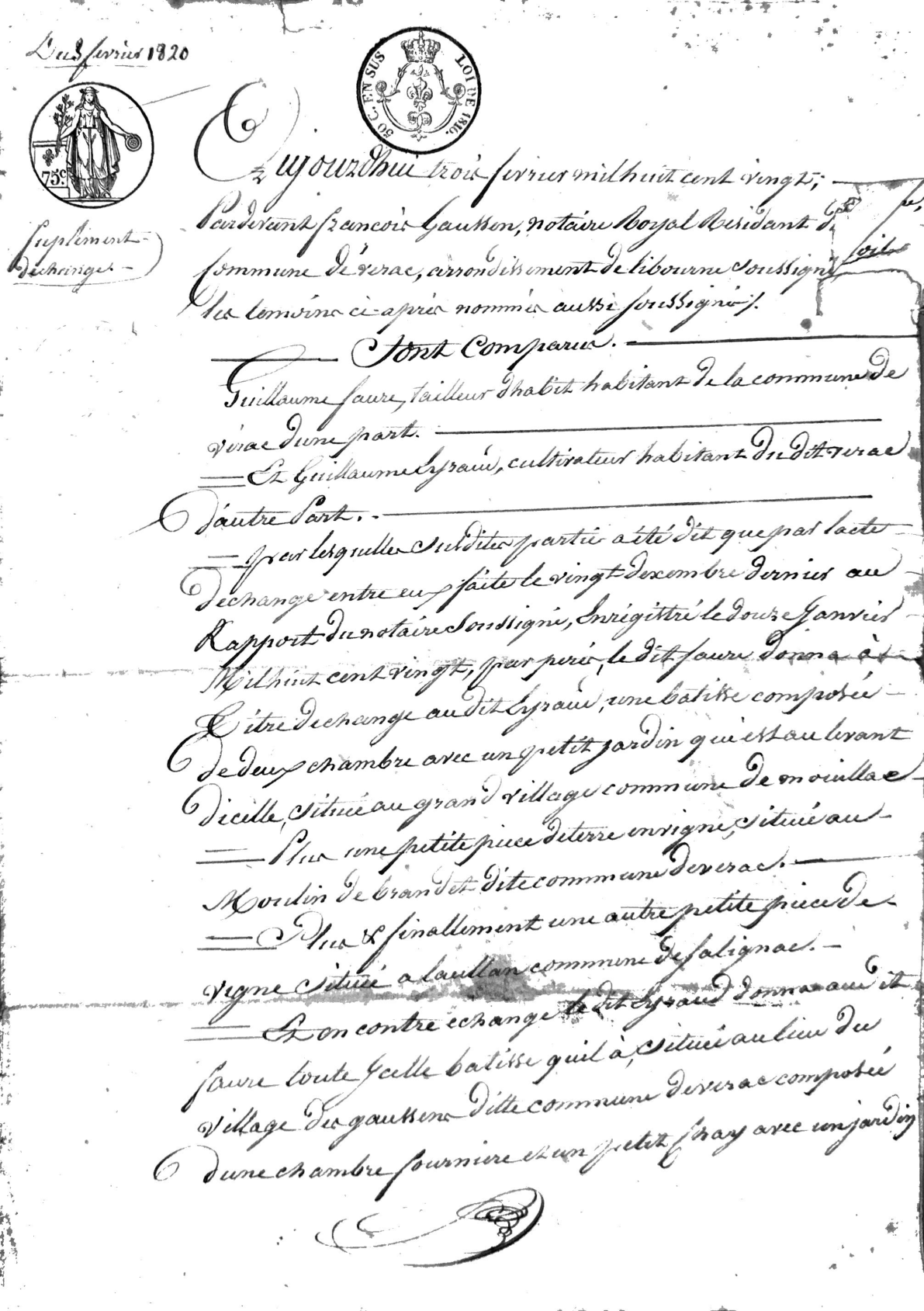 **Supplement to Property Exchange Deed: Faure and Eyraud (1820)** - Page 2
