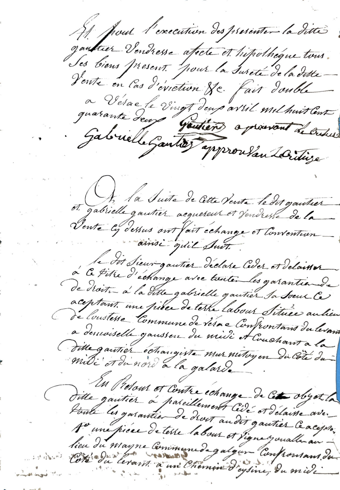 1842 Deed of Sale and Land Exchange Between Gautier Siblings - Page 4