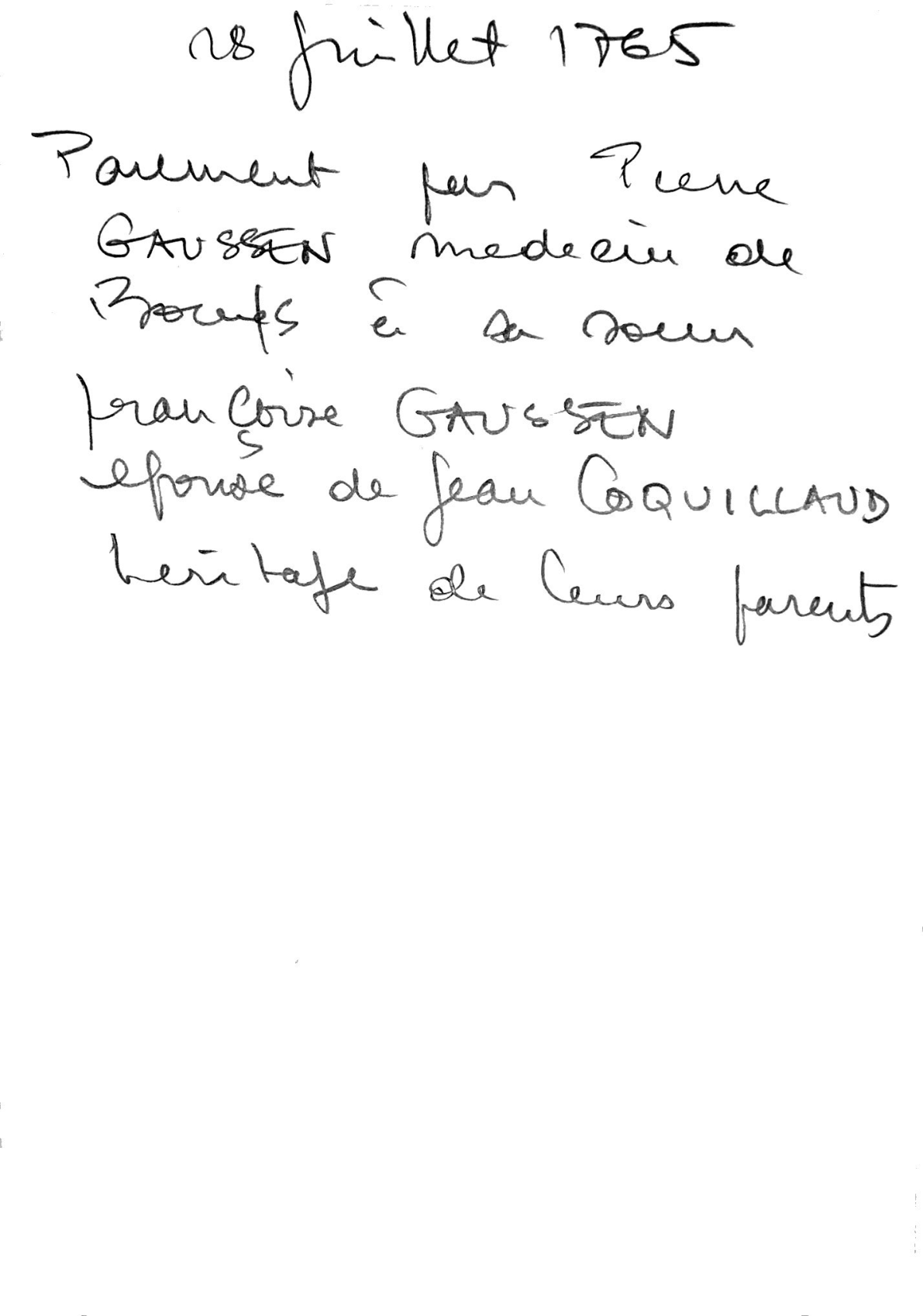 Receipt of Inheritance Payment between Gaussen and Coquillaud (1765)