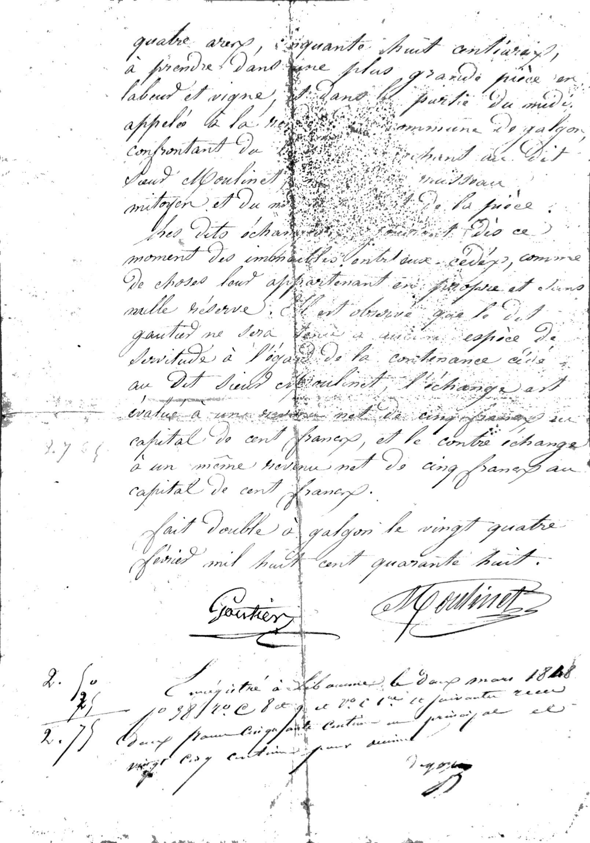 Land Exchange Deed Between Jean Gautier and Jean Moulinet (1848) - Page 3