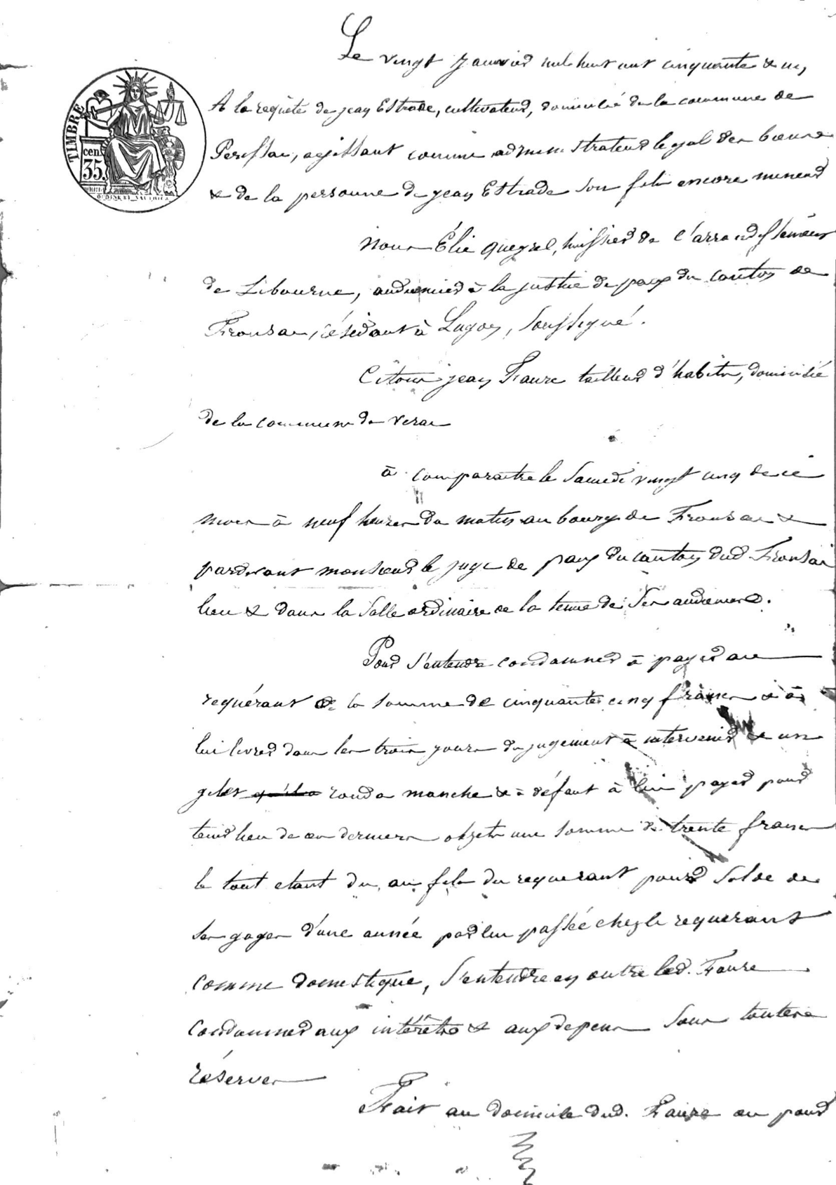 1851 Legal Summons for Unpaid Wages and Clothing in Fronsac