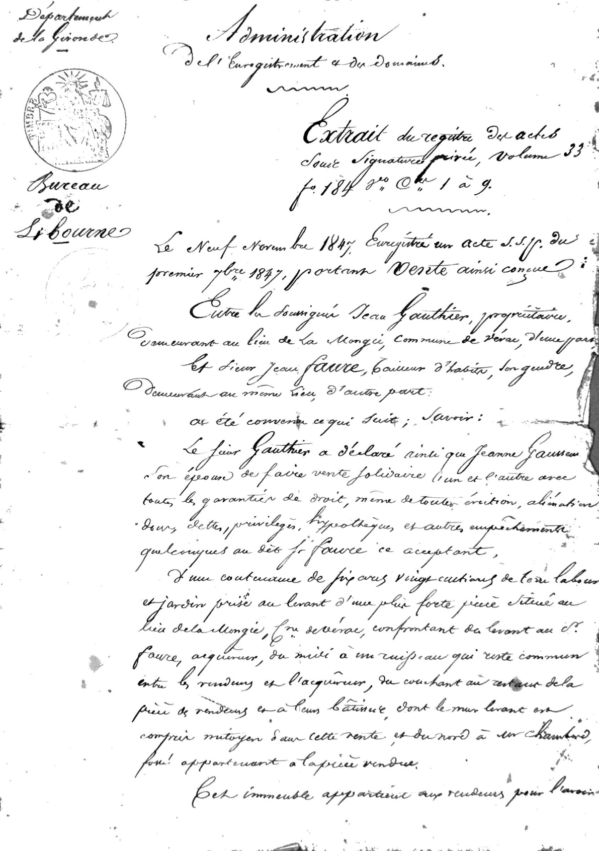 1851 Certified Extract of 1847 Land Sale Deed (Gironde)