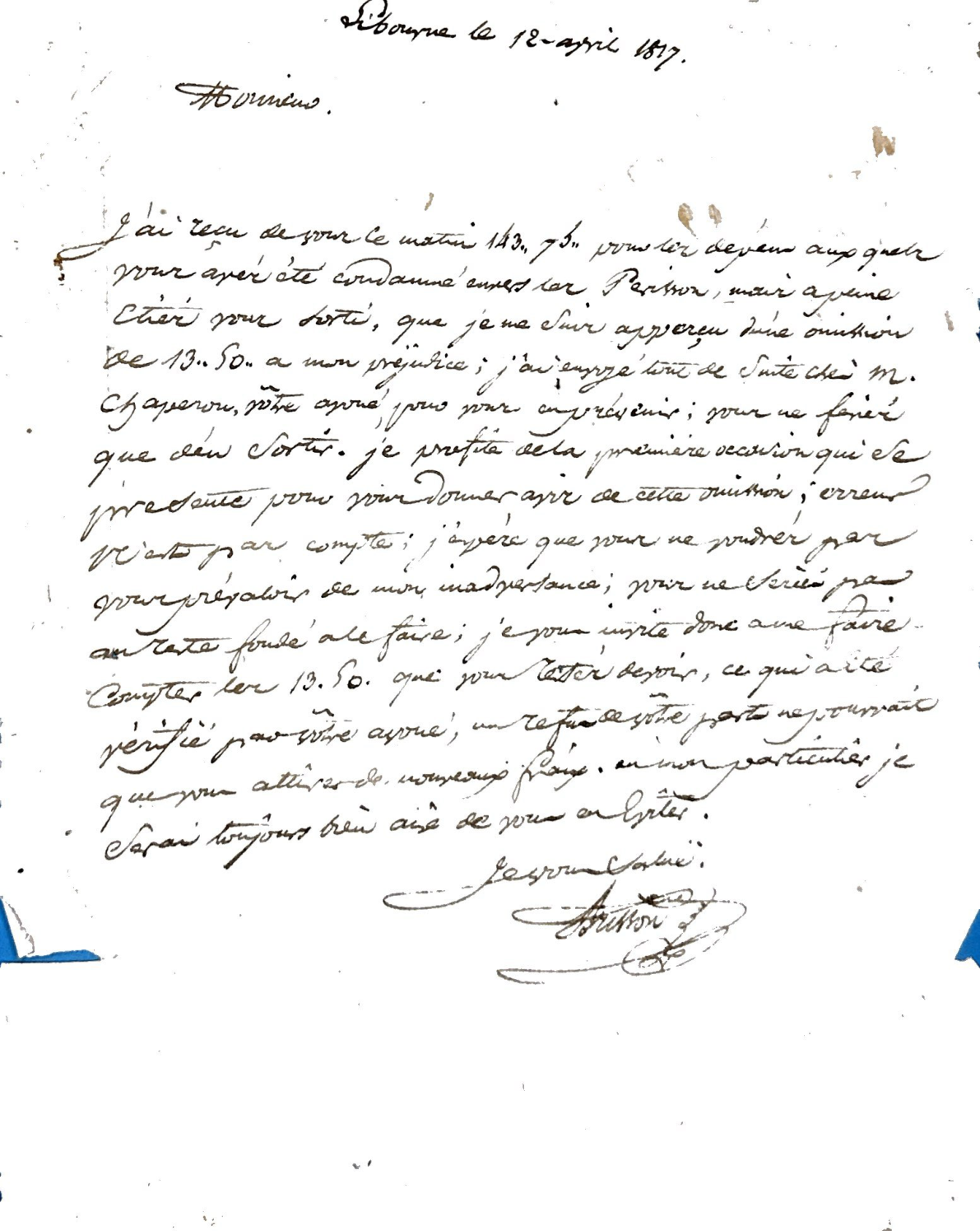 Letter Demanding Payment of Forgotten Legal Costs (Libourne, 1817)