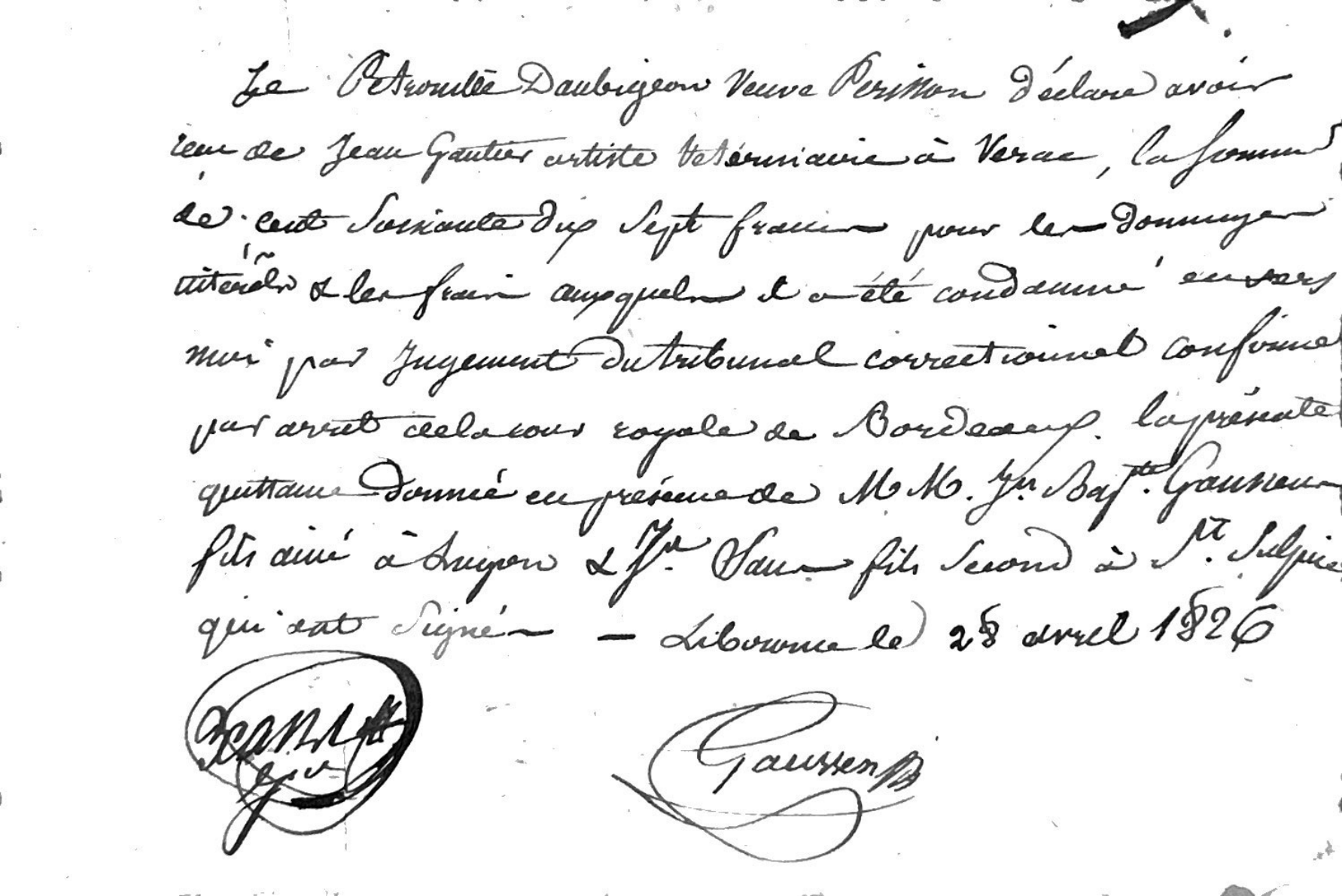 Legal Receipt for Damages Paid to Pétronille Daubigeon (1826)