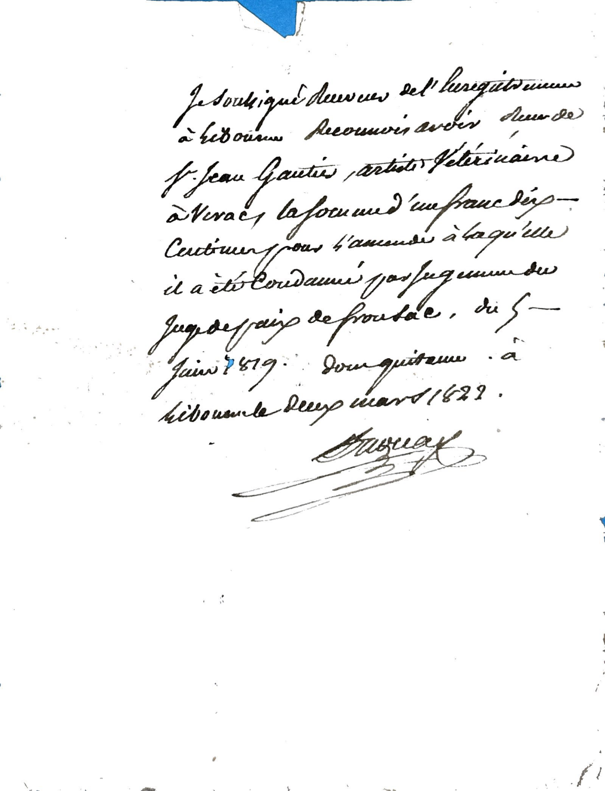 Receipt for Fine Payment by Jean Gautier, Libourne (1822)