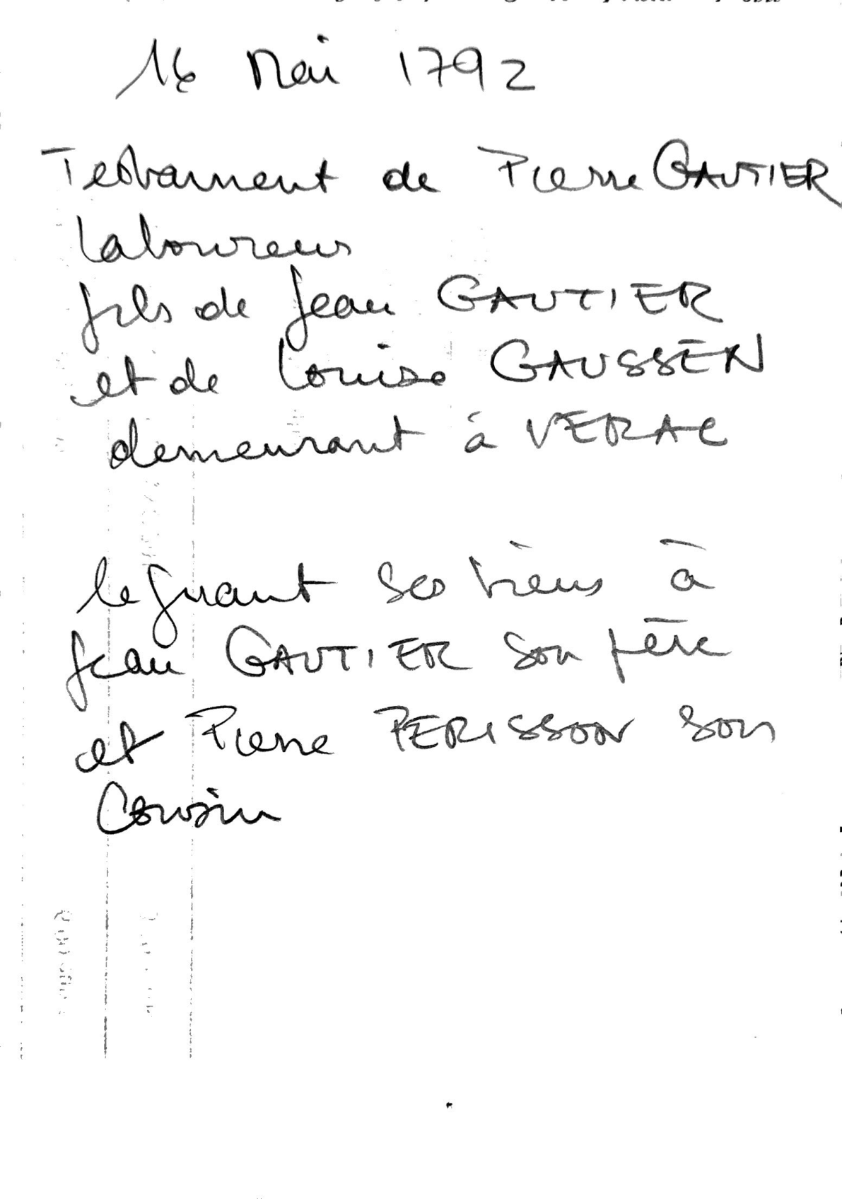 Last Will and Testament of Pierre Gautier (1792), Registered Year XII