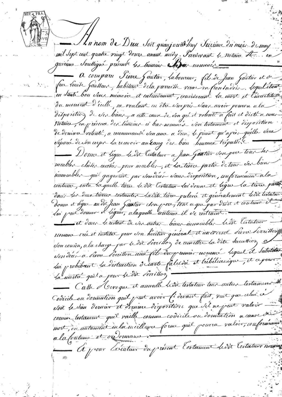 Last Will and Testament of Pierre Gautier (1792), Registered Year XII - Page 3